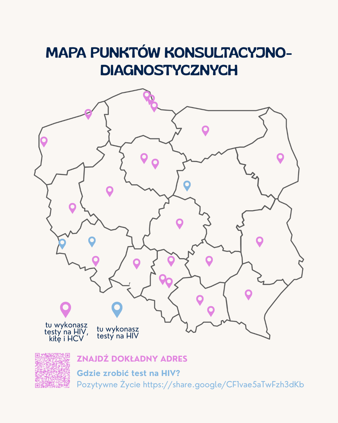 mapa polski, przedstawiająca, gdzie zrobisz test na HIV, Kiłę i HCV