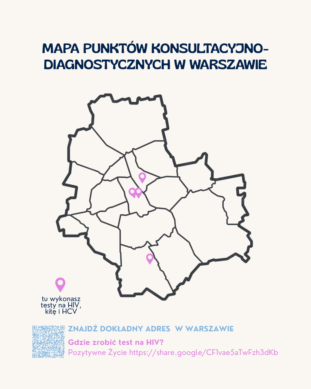 mapa warszawy, przedstawiająca, gdzie zrobisz test na HIV, Kiłę i HCV